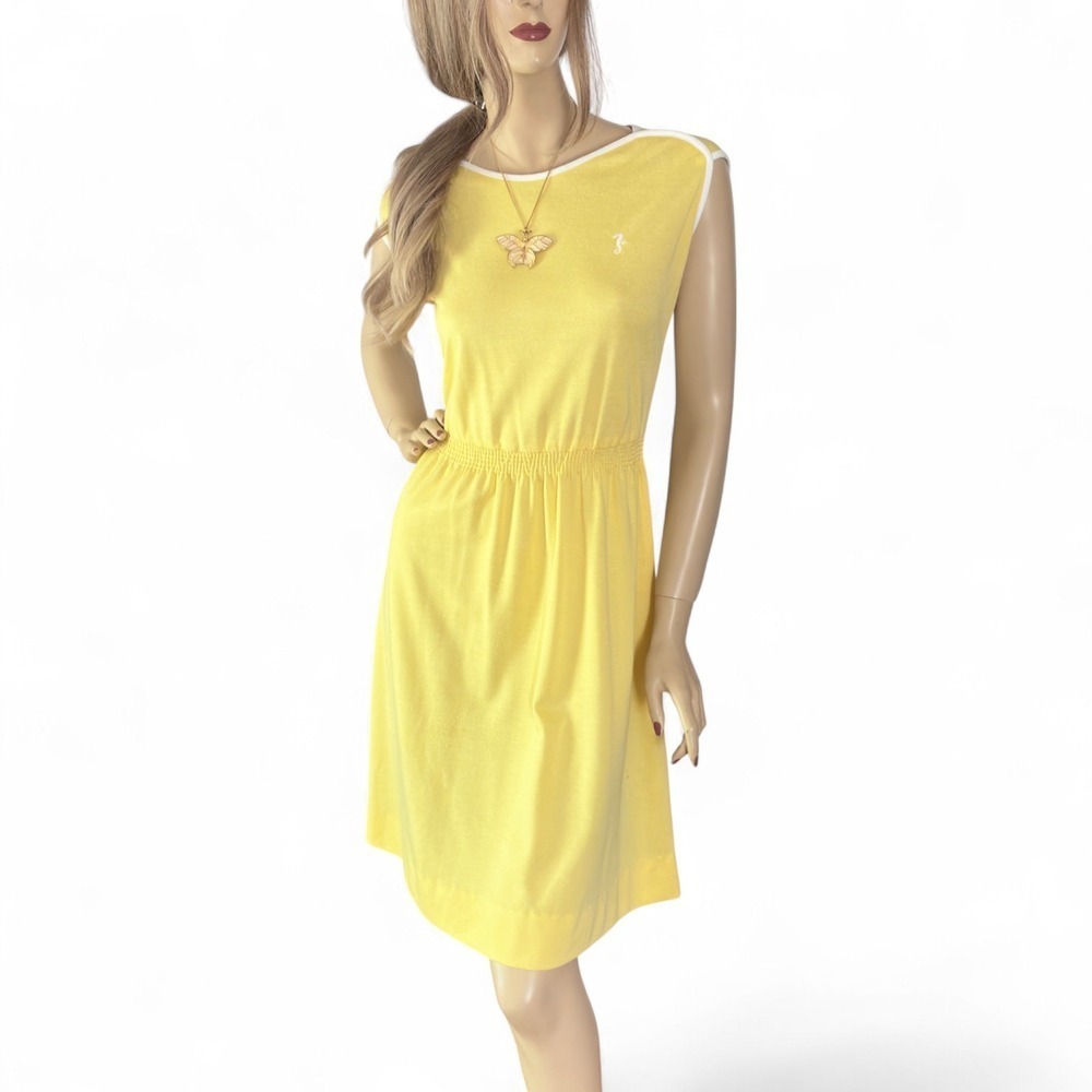 Vintage 80s Yellow Midi Dress Cap Sleeve Smocked Waist Size Medium